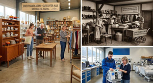Dreiteilige Collage zur Schweizer Brocki-Kultur: Links ein moderner Secondhand-Laden mit Kunden, oben rechts eine historische Brockensammlung im 19. Jahrhundert, unten rechts die technische Wiederaufbereitung von Geräten.