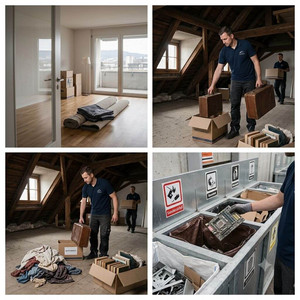 Dreiteilige Collage zeigt eine besenrein geräumte Wohnung, das Aussortieren von Gegenständen in einem Keller und die fachgerechte Entsorgung beim Recycling.