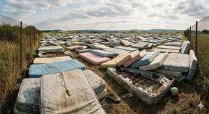 Panoramaaufnahme eines grossen Feldes in der freien Natur, das dicht mit hunderten alten, teilweise defekten Matratzen bedeckt ist, die illegal entsorgt wurden. Im Vordergrund sind eine Matratze mit sichtbaren Federn und ein einzelner Schuh zu sehen.