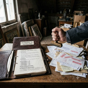 Testament und Inventarliste auf Schreibtisch im Estrich mit offiziellem Stempel wegen Formfehler
