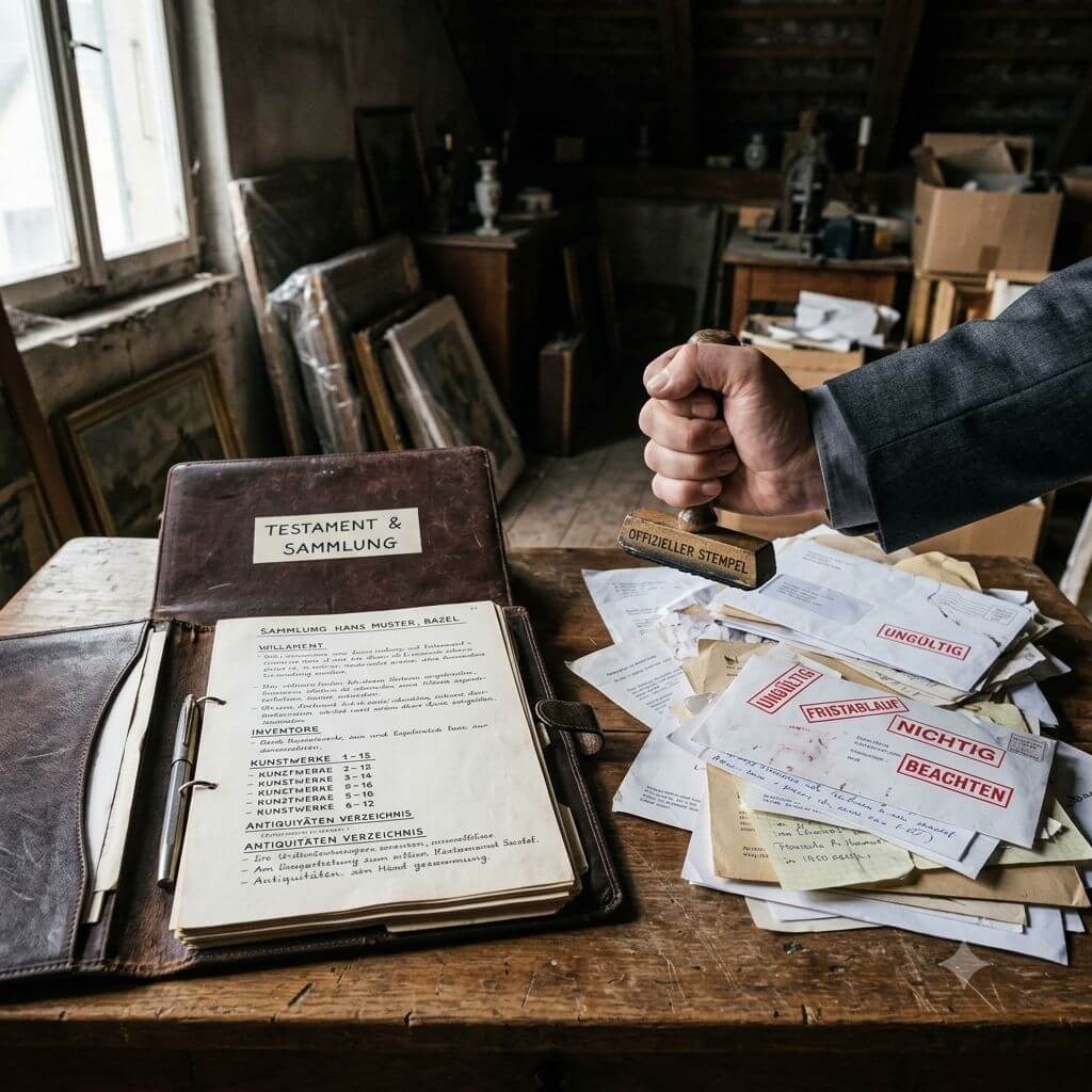 Testament und Inventarliste auf Schreibtisch im Estrich mit offiziellem Stempel wegen Formfehler