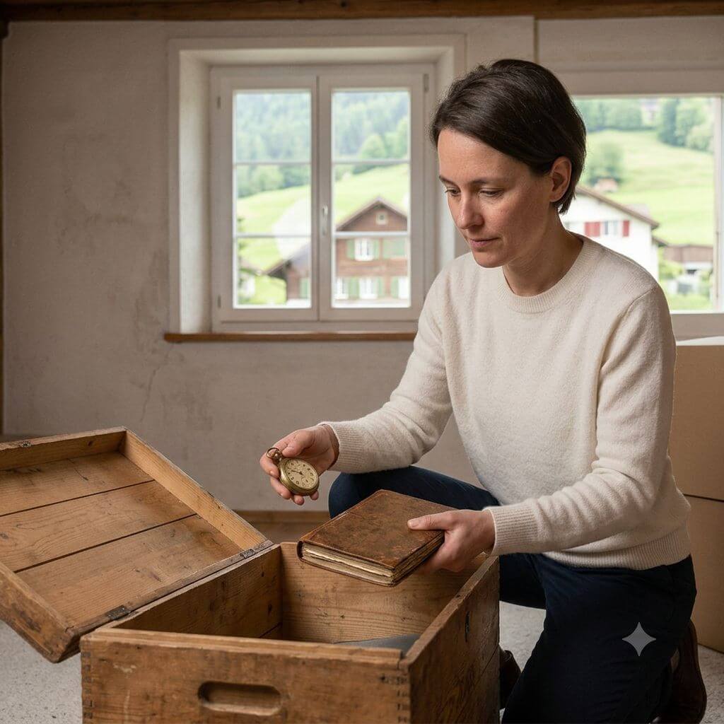 Eine Frau kniet in einer Schweizer Altbauwohnung vor einer geöffneten Holzkiste und begutachtet eine antike Taschenuhr und ein historisches Buch. 