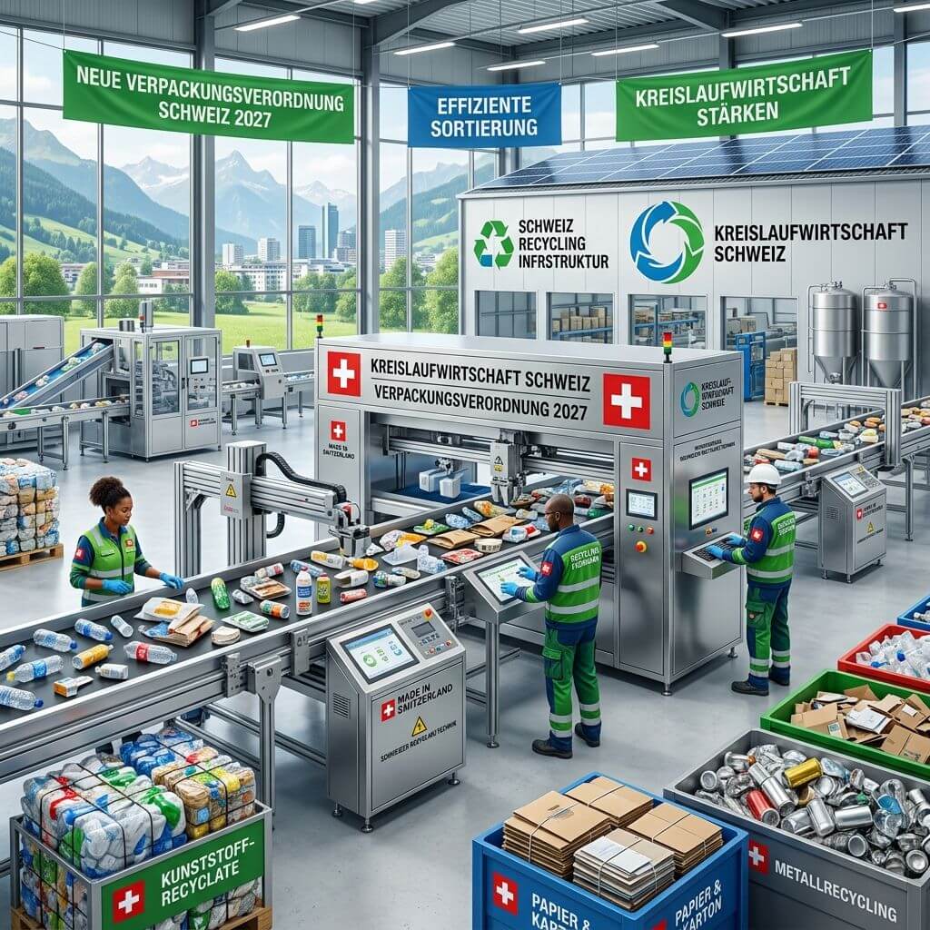 Symbolbild für die Schweizer Verpackungsverordnung und Kreislaufwirtschaft mit Schweizer Flaggen-Elementen.